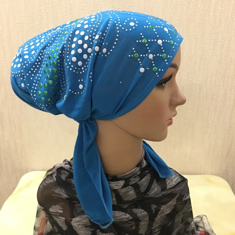 H1422 latest muslim amira hijab with sequins elastic pull on islamic hats instant arabic scarf turban caps bonnet