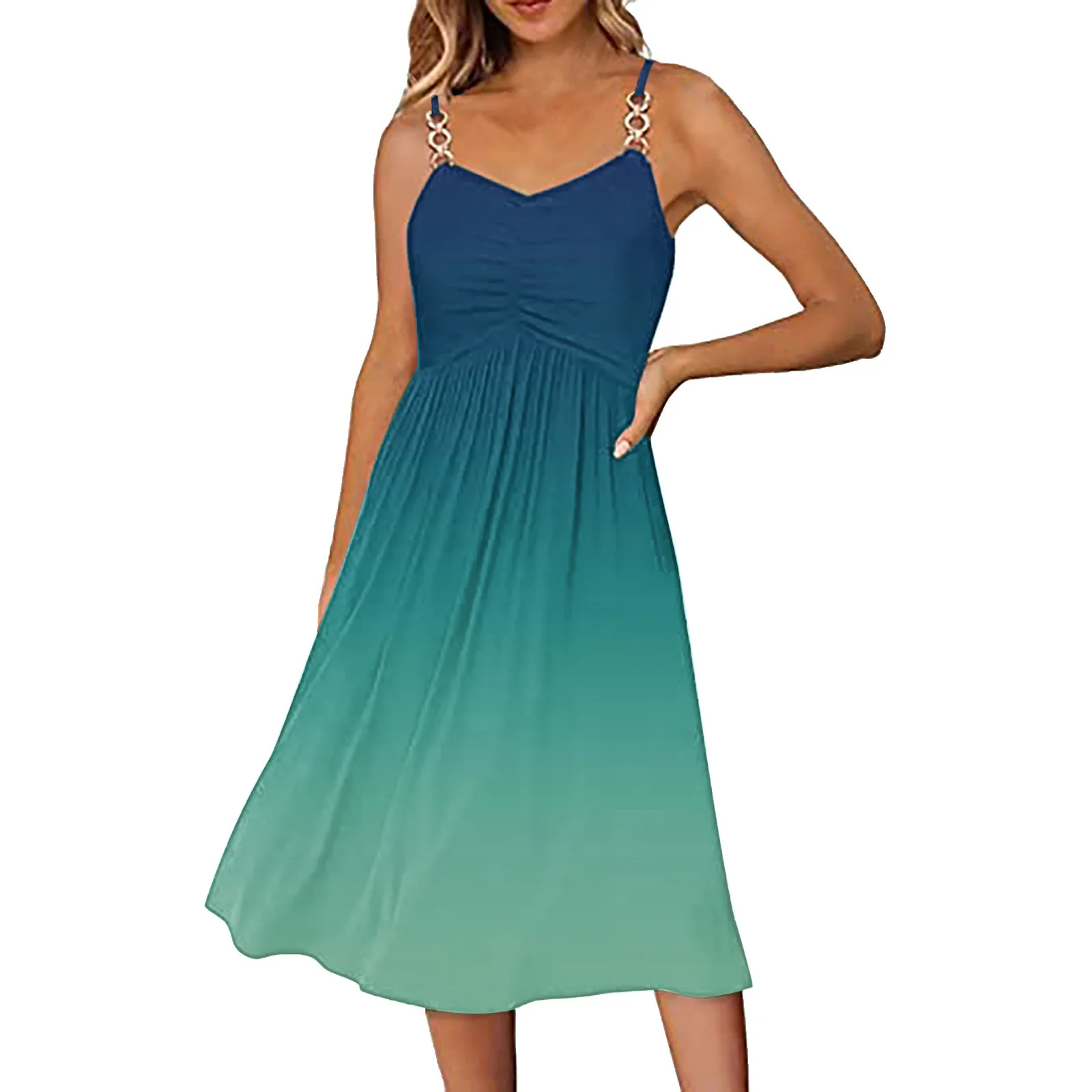 

Vintage Dresses For Women Gradient Printed Sleeveless V Neck Spaghetti Strap A Line Summer 2023 Boho Casual Dress Vestidos