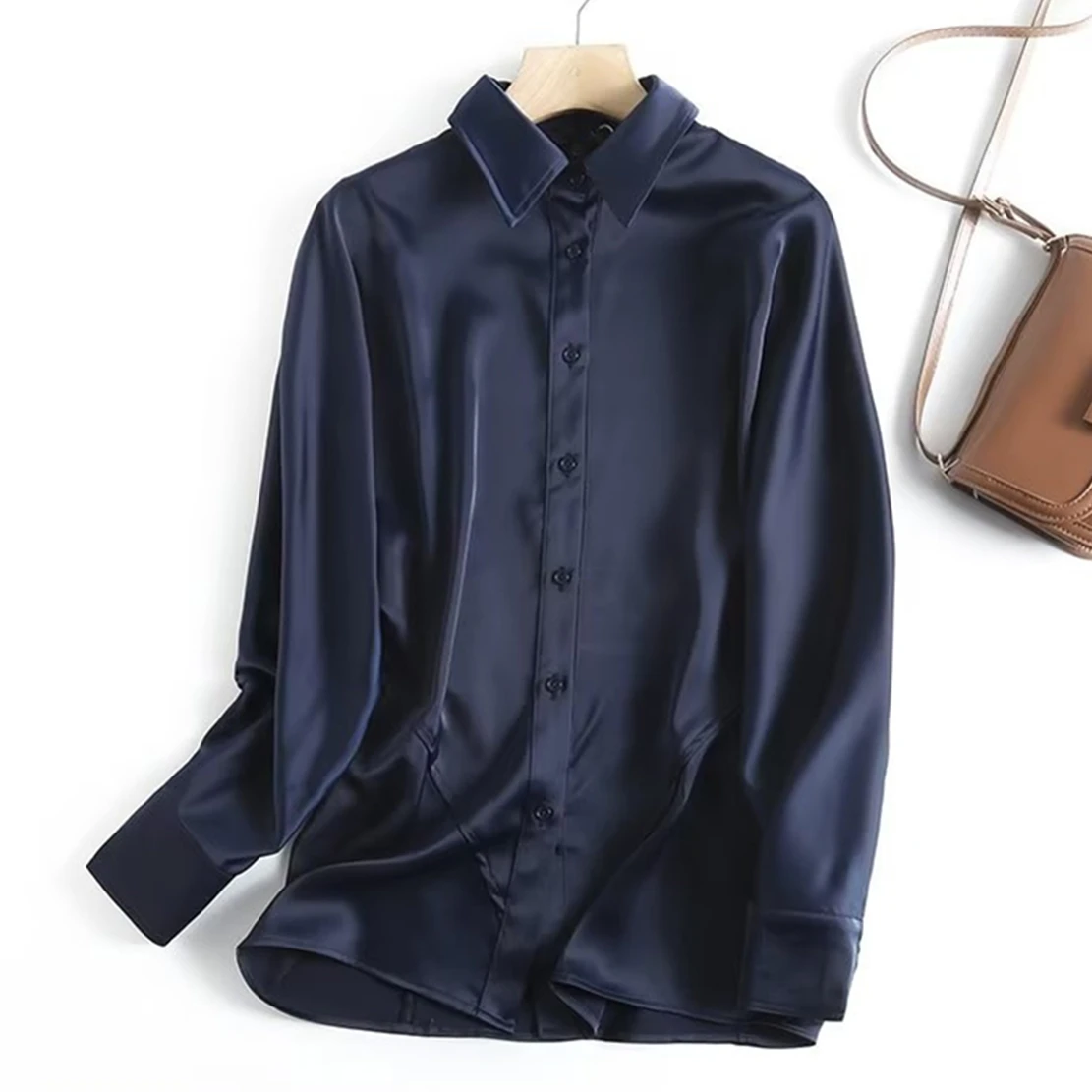 

Dave&Di Fashion Spring Long Sleeve Shirts Satin Simple Blouse Women