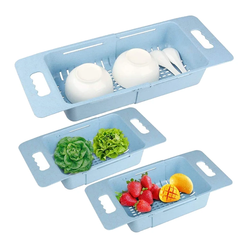 

3 Pack Expandable Colander,Fruits&Vegetables Drain Basket Drying Rack,Adjustable Strainer Over The Sink For Kitchen,Blue
