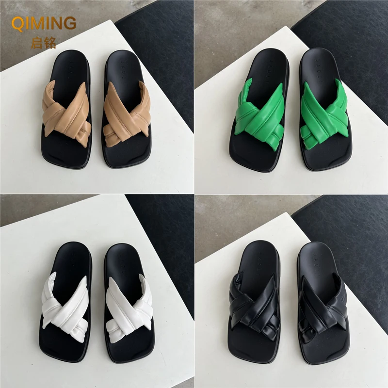 Ladies Home Slippers Women Slides Summer Cross Woven Sandals Square Head Fashion Outer Beach Shoes Woman Flip Flops Indoor Shoes