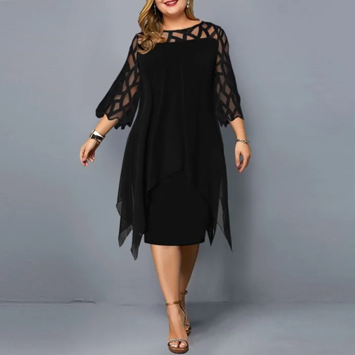 

L- 6XL Large Size Chiffon Dress Fashion Crewneck Mesh Gauze Irregular Hem MIDI Dress