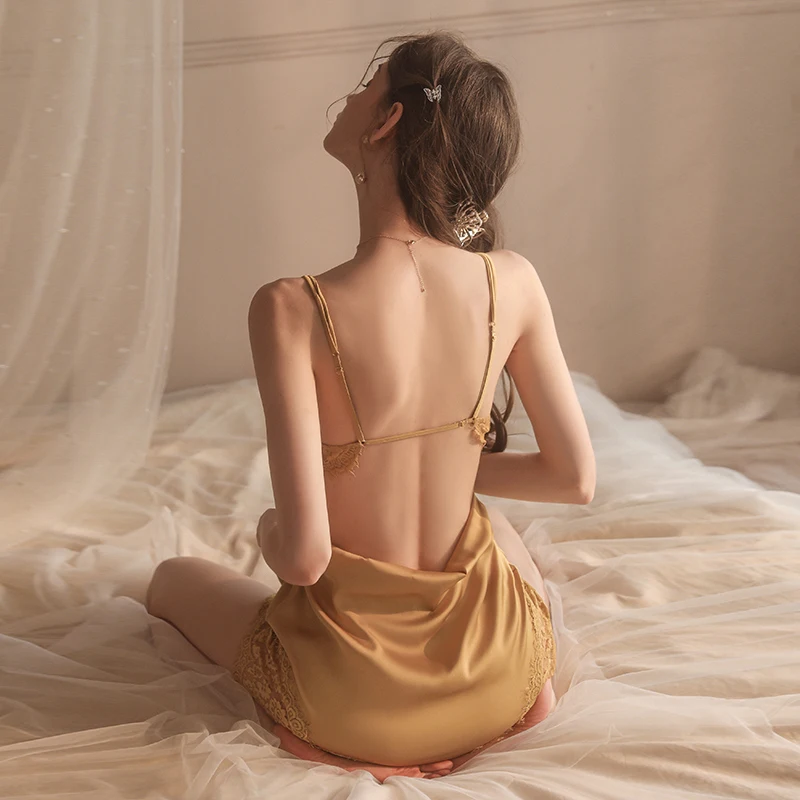 Sexy Mousse 2022 Autumn Women Nightshirt Sexy Backless V-neck Temptation Pajamas Suspenders Nightdress Lace Robe Homewear Suit