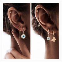 3pcsturkey blue devils eye earrings set for women colored blue turquoise zircon evil eye shape piercing ear studs jewelry