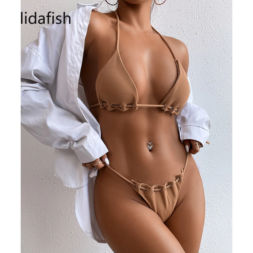 

lidafish Sexy Bikini Set Push Up Swimsuit 2 Piece Sets Women Solid Bandage Thong Brazilian Swimwear Bathing Suit