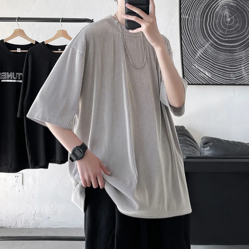 

Summer Pleated T-shirt Men Fashion Oversized Casual Short-sleeved T Shirt Men Streetwear Korean Loose Hip-hop Tshirt Mens Tops
