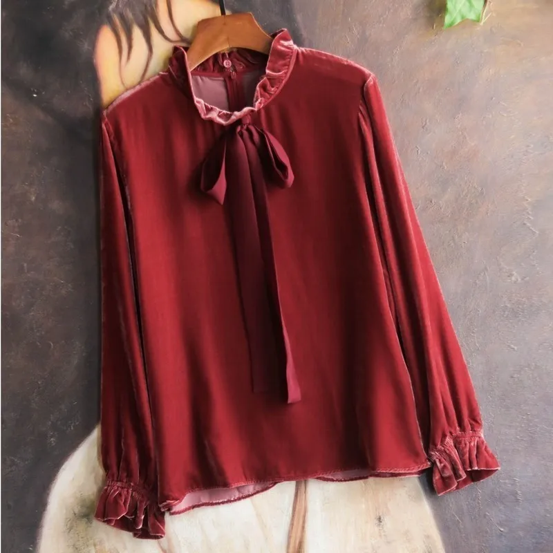 

2022 New Fashion Bow Neckline Velvet Long Sleeve Blouse Women Shirt Womens Tops