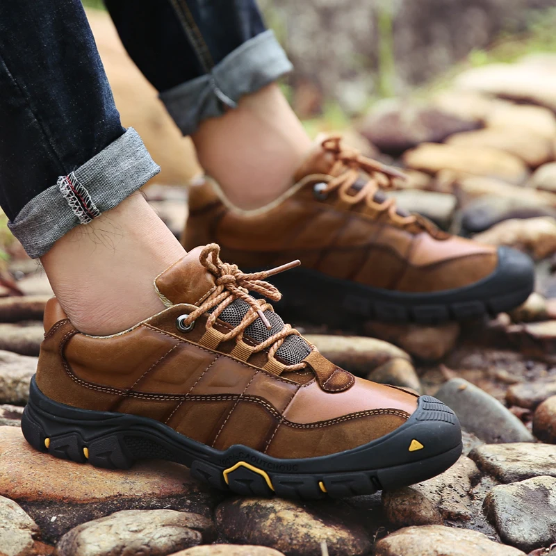 High Quality Cowhide Leather Men's Hiking Shoes Wear-resistant Waterproof Sneakers Men Outdoor Casual Walking Climbing Shoes Men
