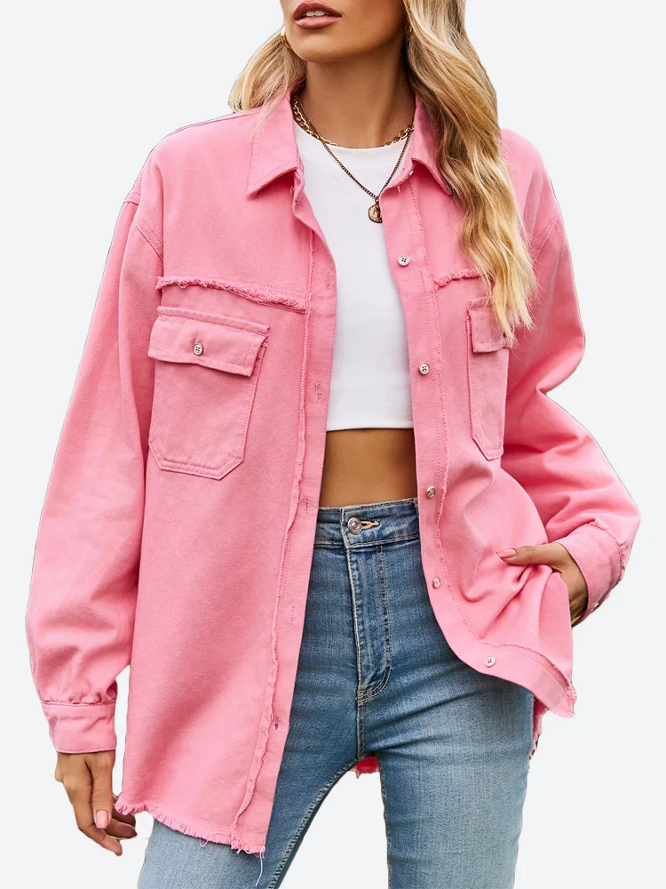 

Benuynffy Oversized Denim Shirt Jacket Spring Fall Long Sleeve Pockets Casual Button Up Frayed Hem Washed Jean Coat for Women