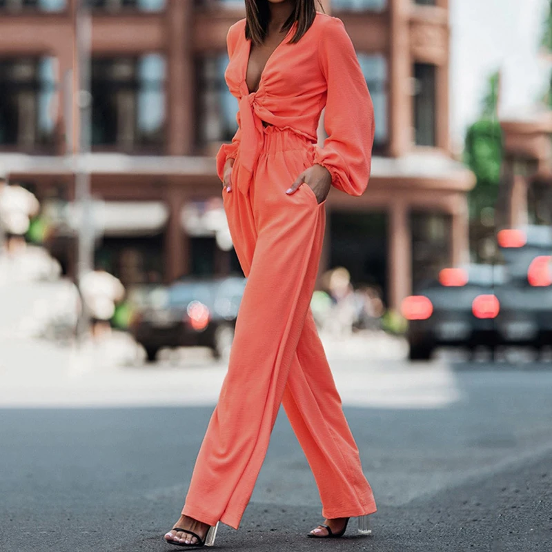 

2022 Spring Autumn Solid 2pcs Outfits Women Sexy Tie-up Bow Top Blouse and High Waist Pants Sets Casual Solid Office Ladies Suit