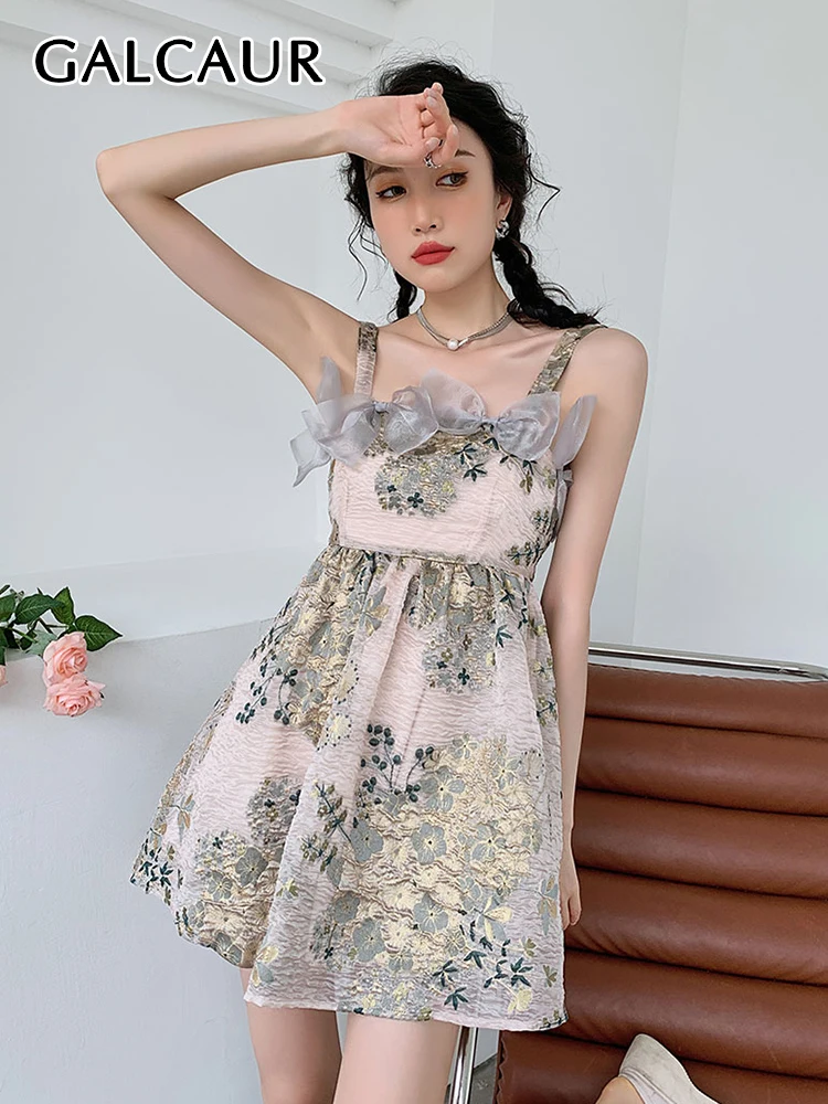 

GALCAUR Patchwork Bowknot Dress For Female Square Collar Sleeveless High Waist Floral Sexy Dresses Women 2022 Summer Fashion New