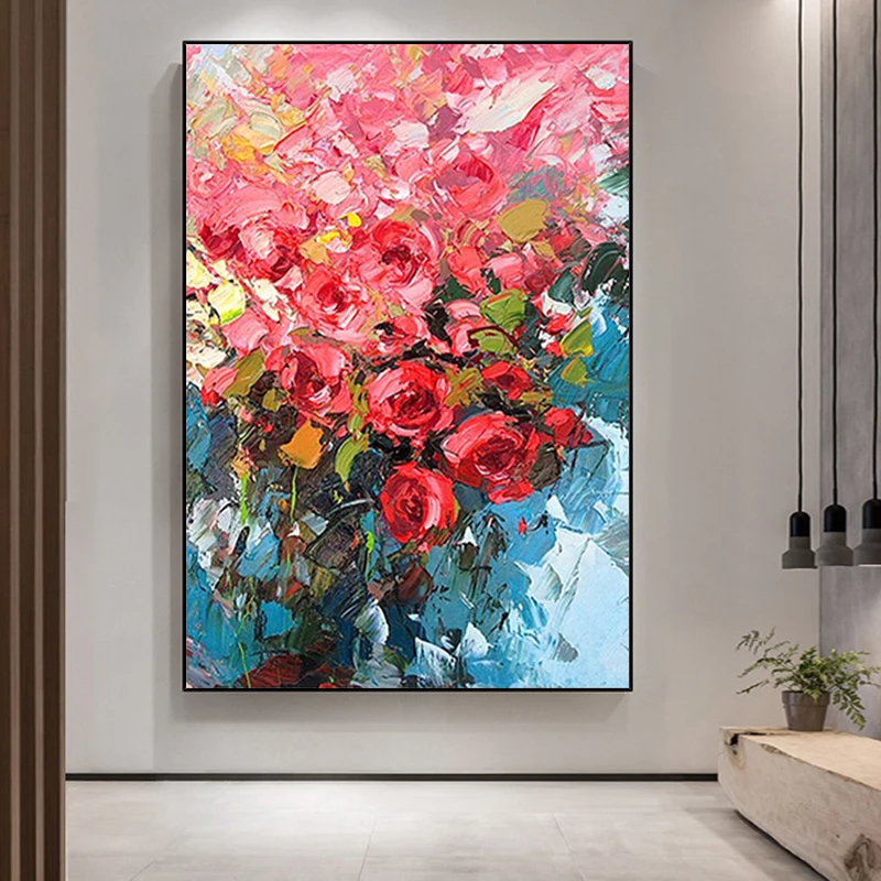 

Hand Painted Oil Painting Restaurant Decoration Painting Modern Minimalist Flower Cluster Romantic Rose Flower Frameless