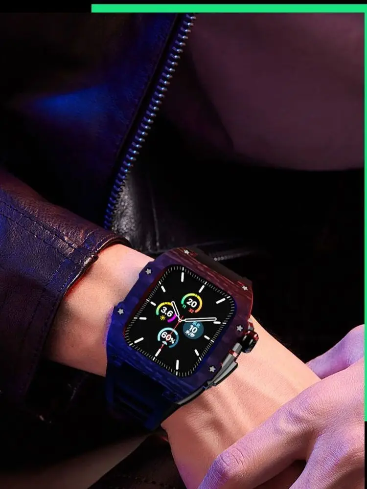 

Чехол из углеродного волокна для часов 44/45 мм, ремешок из флюоровой резины для Apple Watch серии iwatch SE/4/5/6/7/8