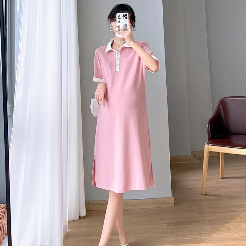 

Maternity Skirt Summer Style Contrast Color Polo Collar Casual T-Shirt Dress Pregnancy Loose Plus Size Dress 2022 Summer New