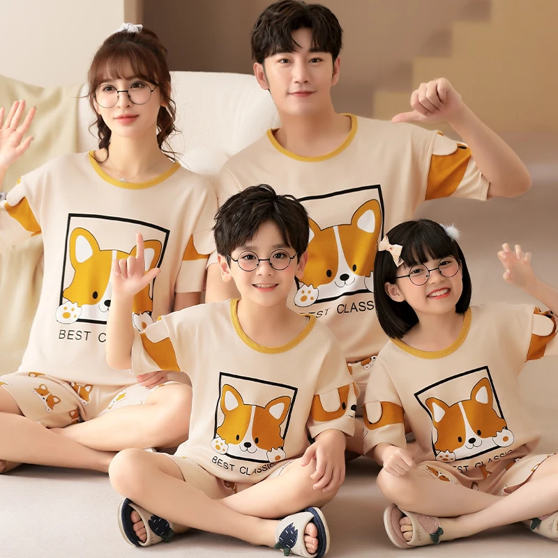 

Summer Parent-Child Pajamas Set Family Sleepwear Adult Children Cotton Cute Dog Kawaii Home Wears Unisex Loungewear pijama