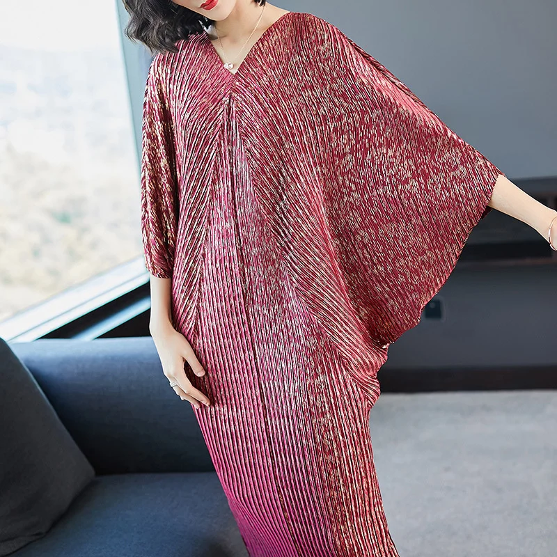 

Fashion Elegant V Collar Pleats Batwing Sleeve Loose Dress Female Party Dress Women Print Clothing