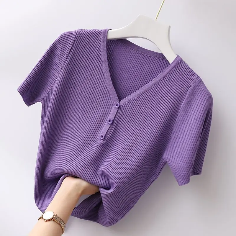 

Summer New Ice Silk Knitting T Shirt Tops V Neck Short Sleeve Slim Solid Color Pullovers Simplicity Fashion Women Clothing