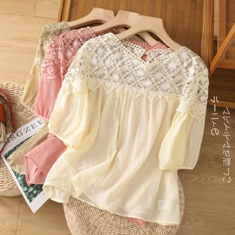 

Lace Patchwork Women's Shirts Summer Cotton Linen Vintage Blouses O-neck Ladies Clothing Loose Short Sleeves Tops YCMYUNYAN