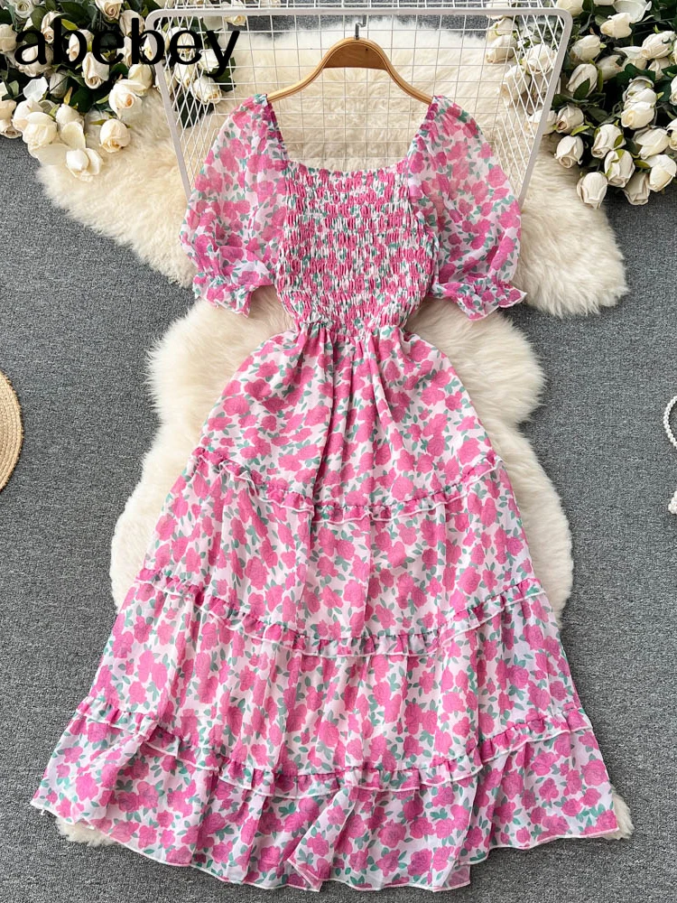 

Bohemian Women Floral Printed Long Dress Sexy Square Collar Short Sleeve Ruffle Beach Vacation Vestidos Female Maxi Robe
