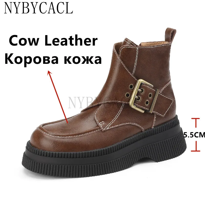 New Women Ankle Boots Fashion Design Metal Buckle Sewing Genuine Leather Thick Heels Autumn Winter Working Shoes Woman Fashion