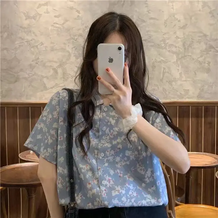 

4 Sizes S-xl Summer New Vintage Loose All Match Notched Collars Streetwear Floral Basic Women Top 2022 Autumn Shirts