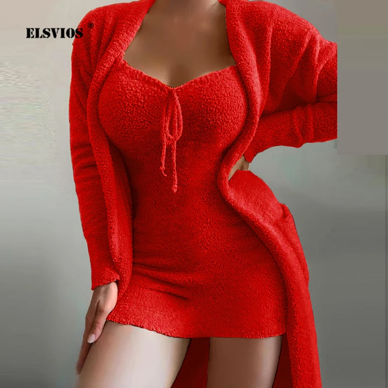 

Two Piece Sets Elegant Warm Pajamas Suits Women Winter Plush Household Clothes Casual Solid Color Long Sleeves Coats Mini Dress