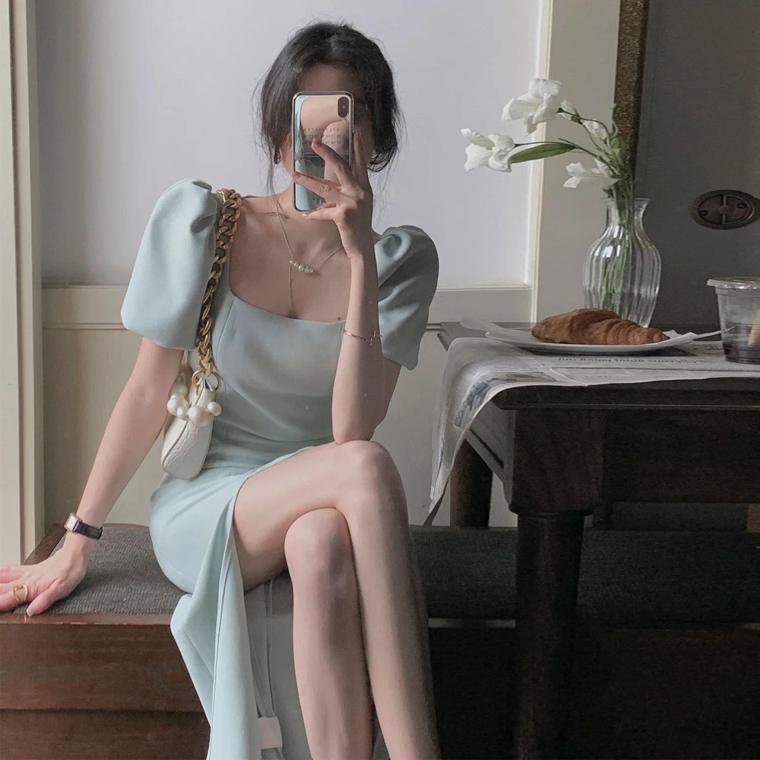 

Women's Summer Split Bubble Sleeve Dress Holiday Party Sexy Cool High Waist French White Dress