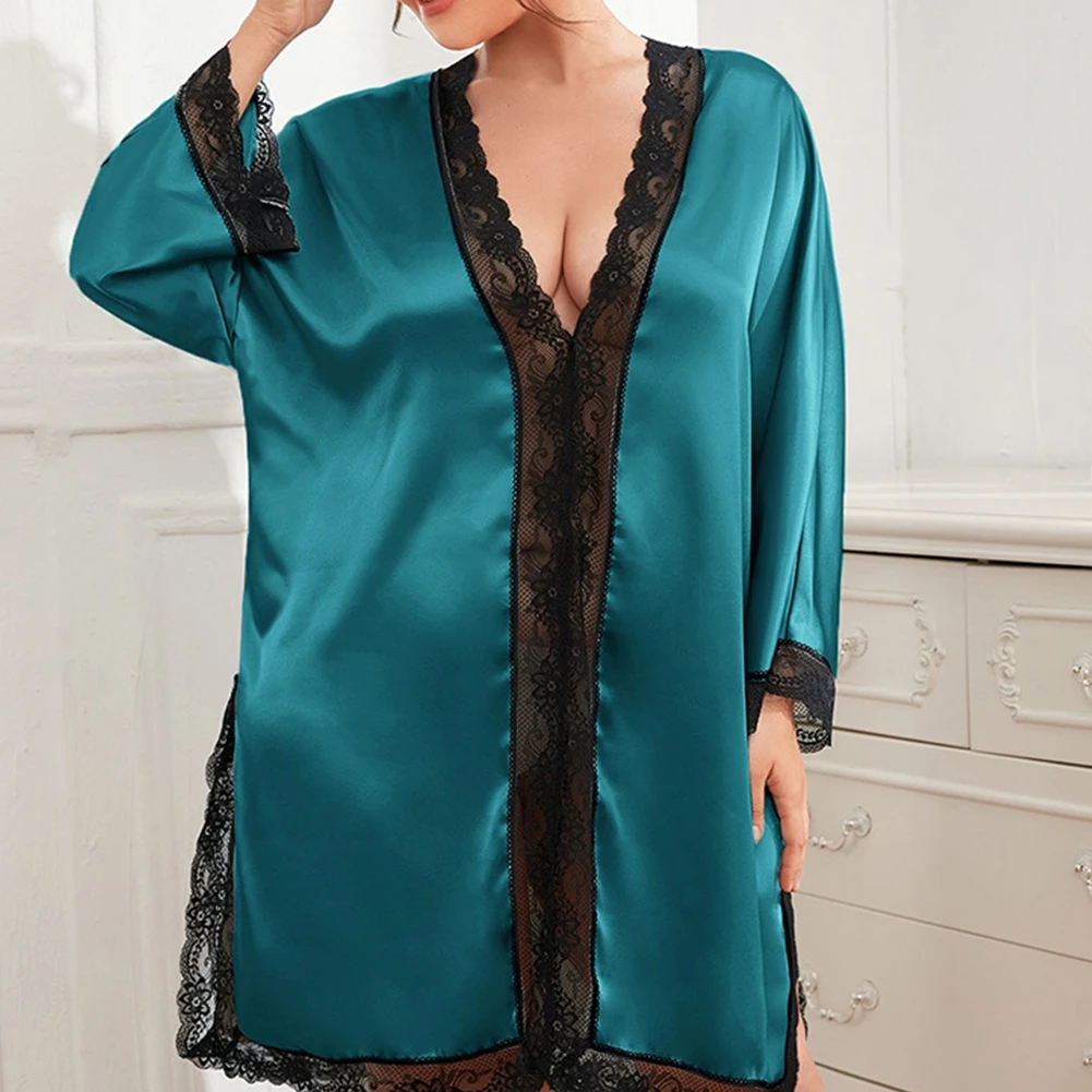 

Plus Size Sexy Women Ice Silk Lace Robe Dress Nightgown Kimono Pajamas Lingerie Solid Comfortable Homewear