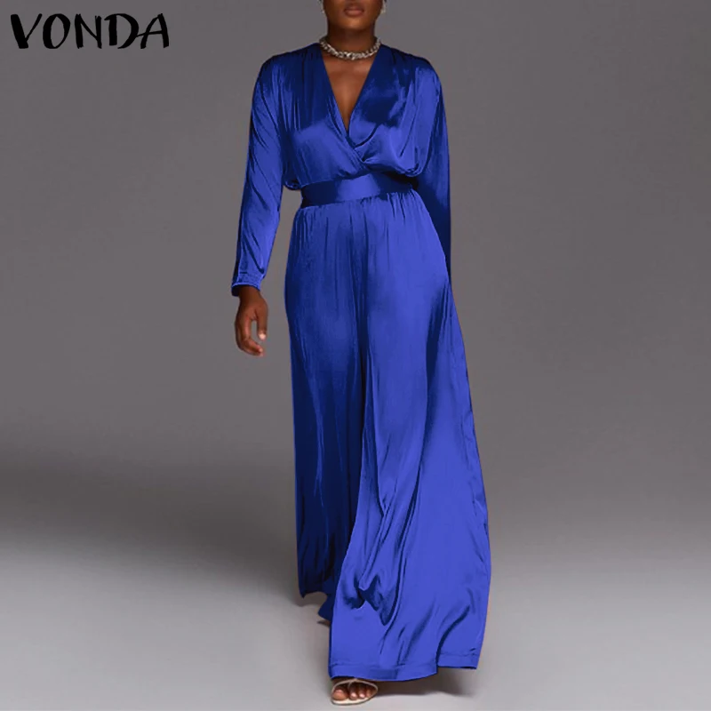 

Длинные Комбинезоны 2022 VONDA женские сексуальные офисные комбинезоны с длинным рукавом и V-образным вырезом с высокой талией, комбинезоны, жен...