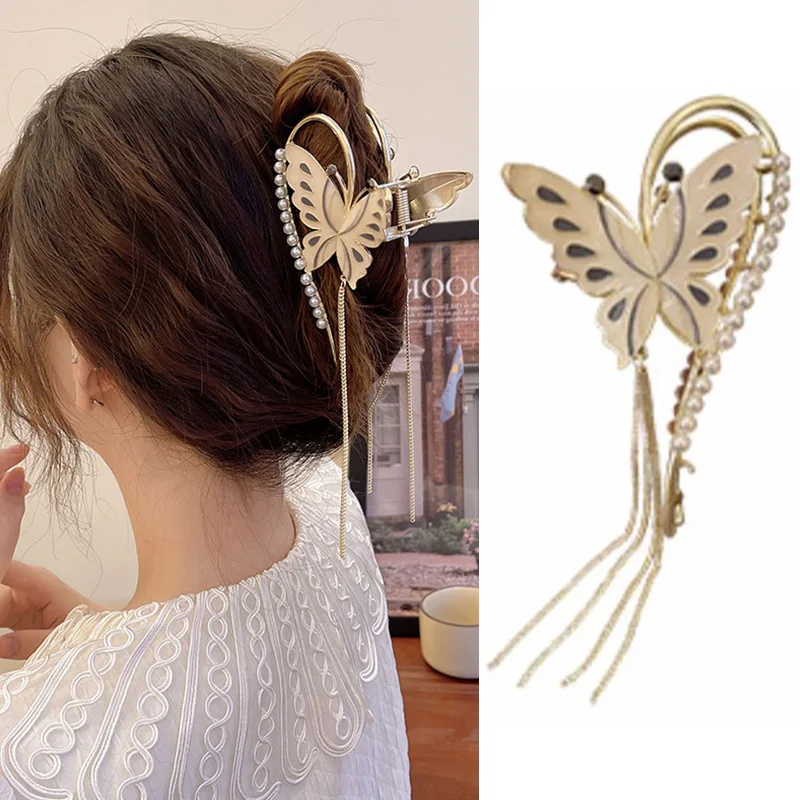 

Жемчужный зажим для волос с кисточкой заколка для волос с бабочкой элегантная заколка для волос большого размера для женщин заколка для хво...