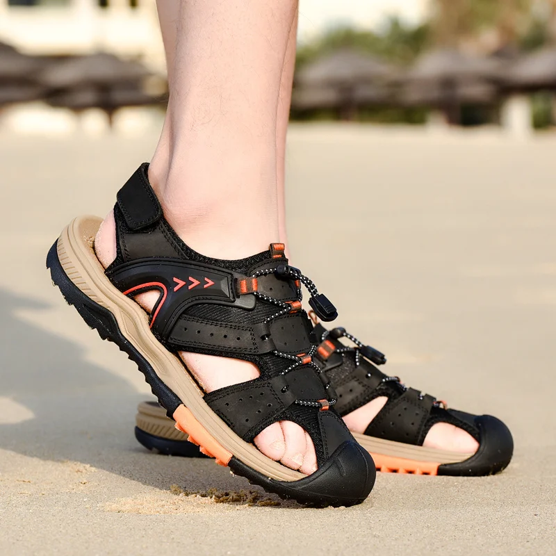 2023 New Leather khaki Mens Climbing Sandals Anti-collision Anti-slip Mens Sports Sandals Comfortable Men Mountaineering Sandals