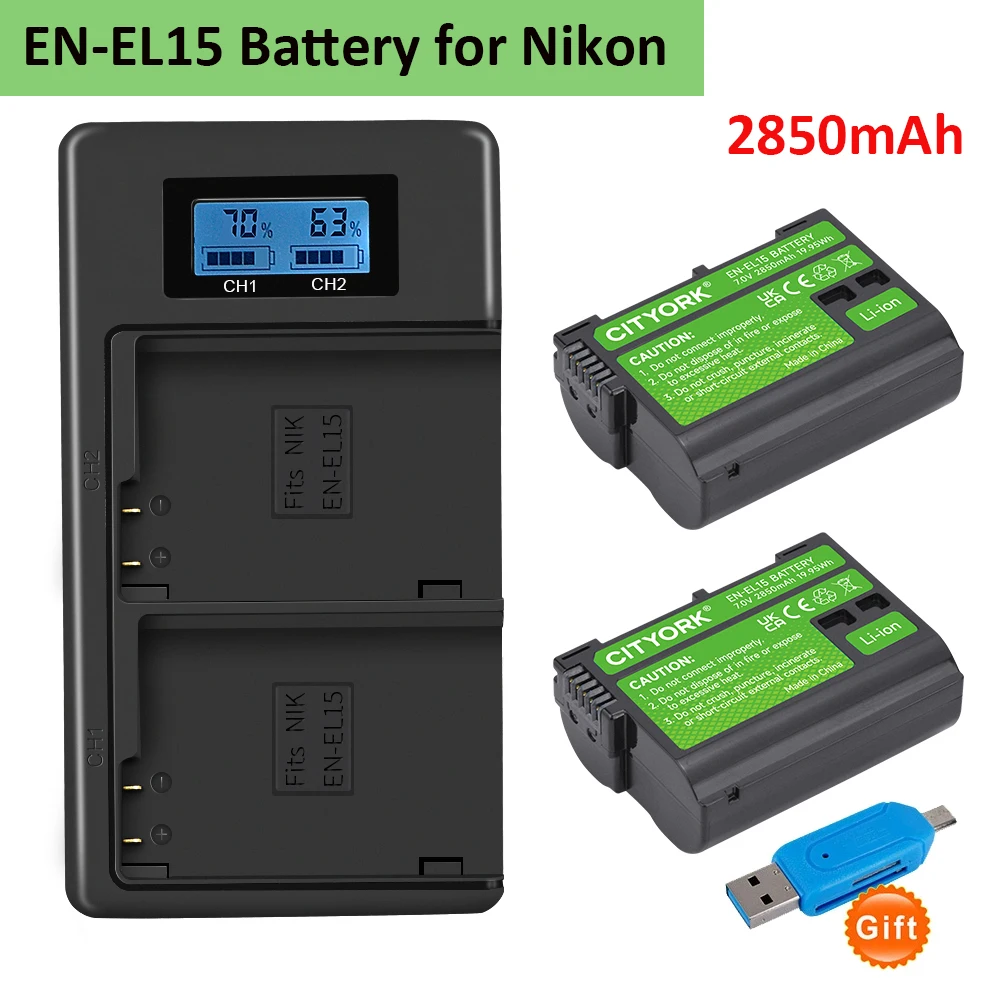 Фото Аккумулятор EN-EL15 EN-EL15C + зарядное устройство с двумя USB-портами, аккумулятор для камеры EN-EL15 2850 мАч для Nikon D600 D800 D7000 Z5 Z6 II Z7II D7100 D7200 №2