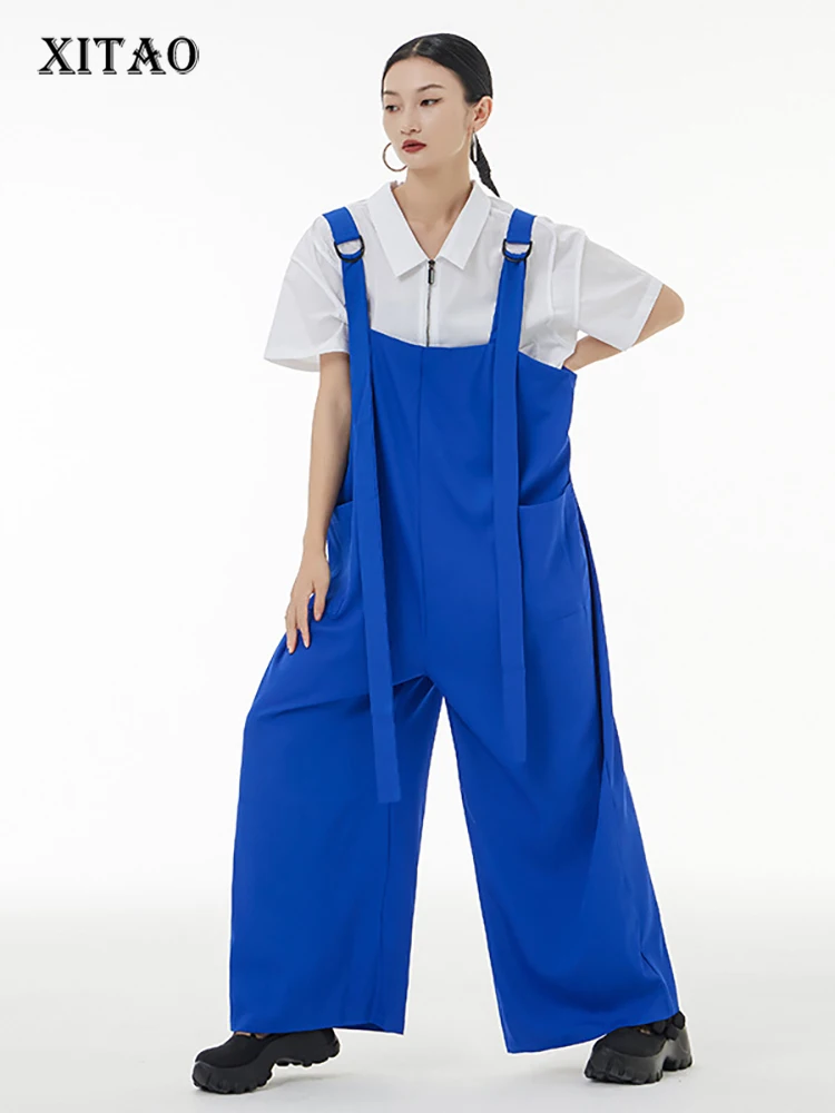 

XITAO Casual Suspenders Jumpsuits Loose Fashion Solid Color Simplicity Long Wide Leg Pants Summer New All-match Women WMD7159