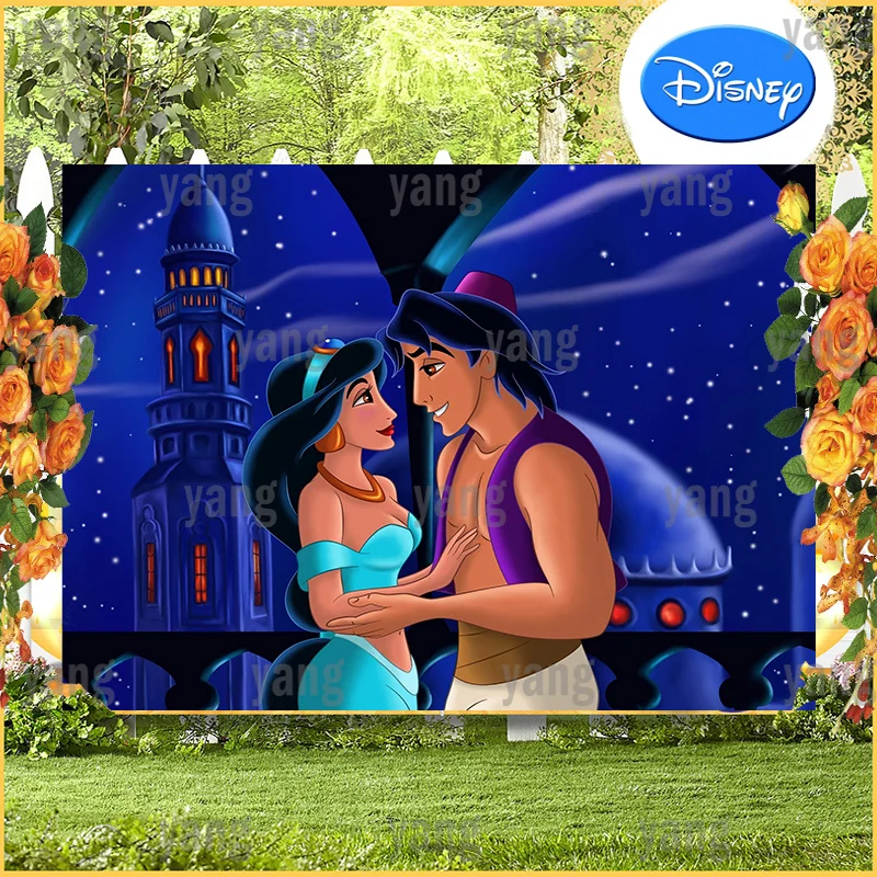 

Disney Aladdin Princess Jasmine And Prince Cartoon Custom Blue Castle Glitter Backdrop Birthday Party Photography Background