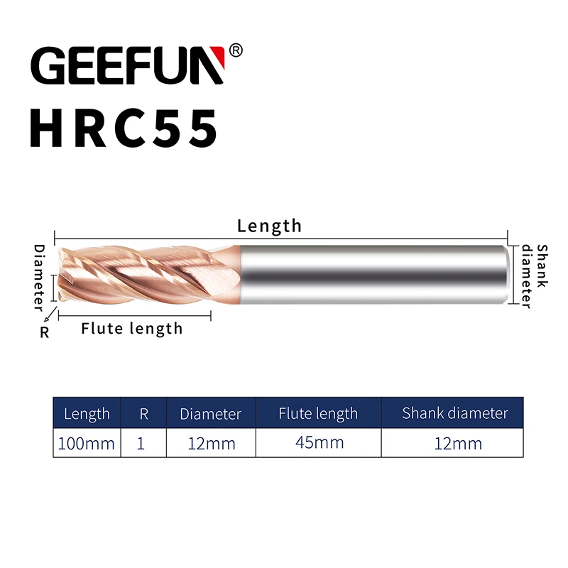 

Фрезы с ЧПУ GEEFUN D.i.a, 12 мм, R1/длина 100 мм, 4 канавки, Hrc55
