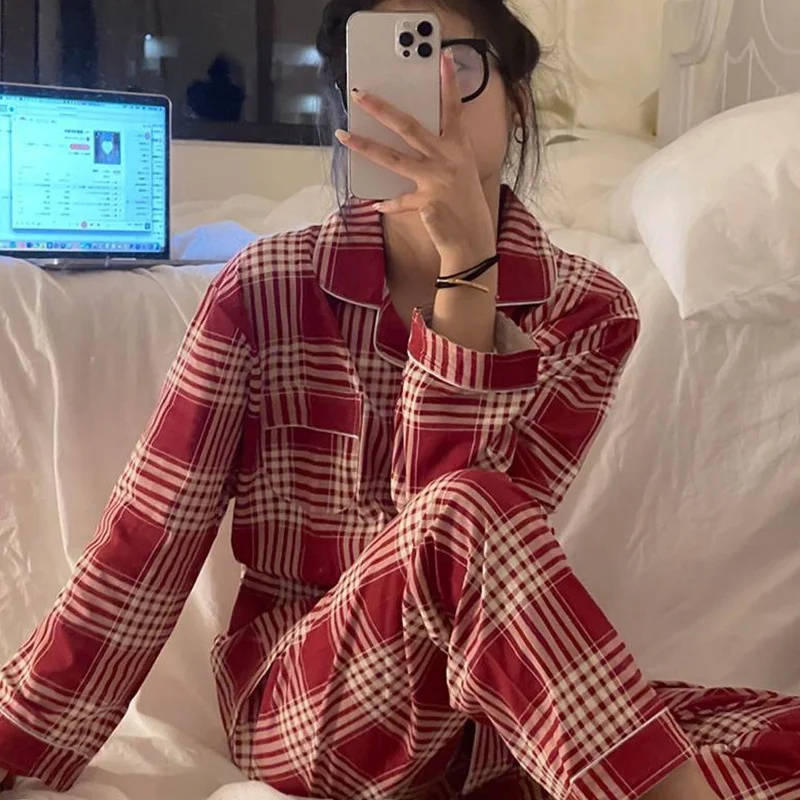 2022 spring and autumn new pajamas ladies long-sleeved trousers cardigan plaid sweet and fresh home service women's pajamas set