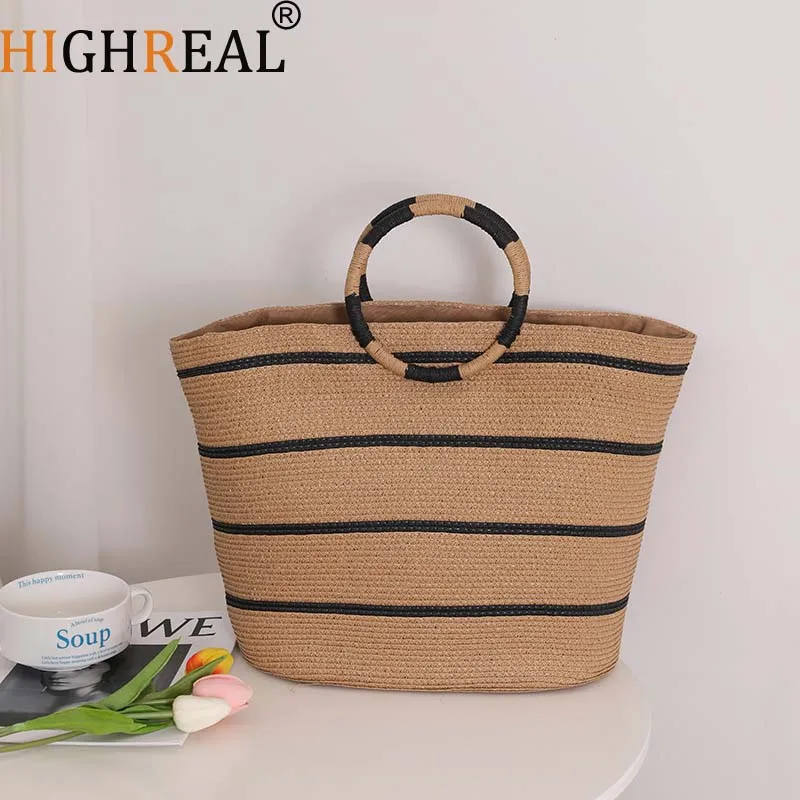 

HIGHREAL Ring Portable Large-capacity Straw Woven Bag New Striped Tote Woven Bag Women's Beach Resort Beach Bag Women's Bag
