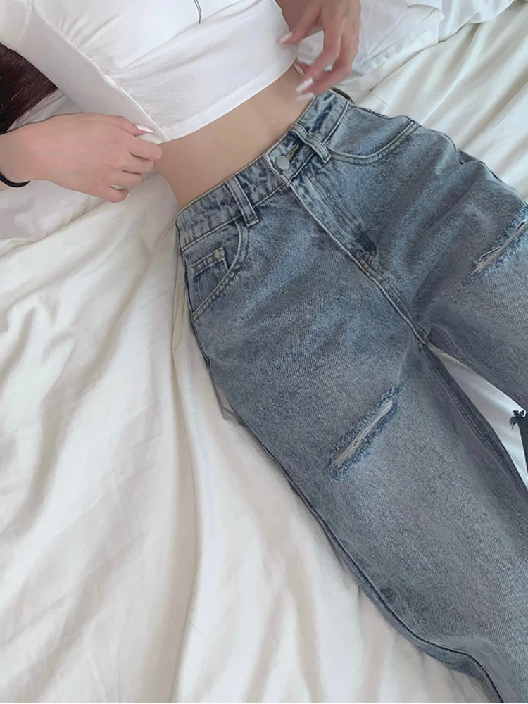 2023 Spring Clothes Summer Set Wide Leg Pants Women's High Waist Sexy Loose Jean Y2k Streetwear Women Ripped Blue Straight Jeans