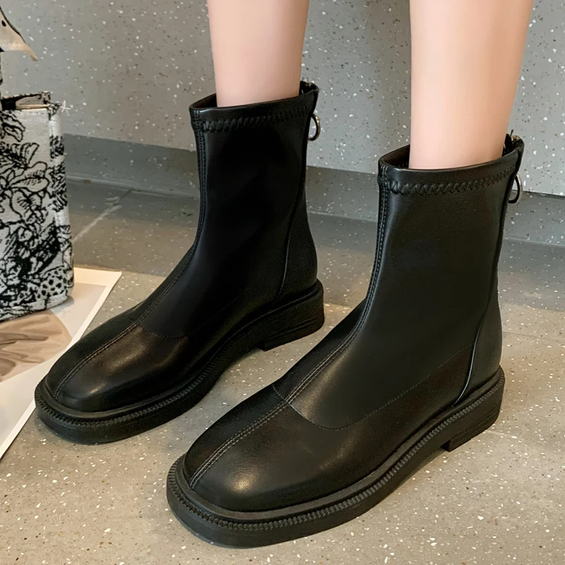 

Lucyever Solid Color Back Zipper Ankle Boots Women 2022 Autumn Soft Pu Leather Low Heel Boots Woman Casual Short Booties Female