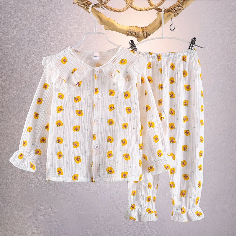 

Новые весенне-летние пижамы для девочек из креповой хлопковой ткани, газовые брюки с длинными рукавами, пижамный комплект, осенняя Домашняя...