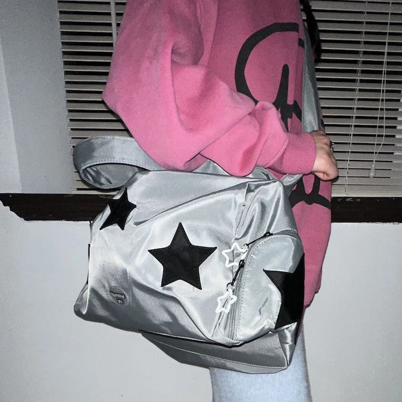 Y2K Vintage Korean High Capacity Gym Star Shoulder Crossbody Tote Bag Ladies Bags Travel Tote Zip Travel Luggage Handbags Women
