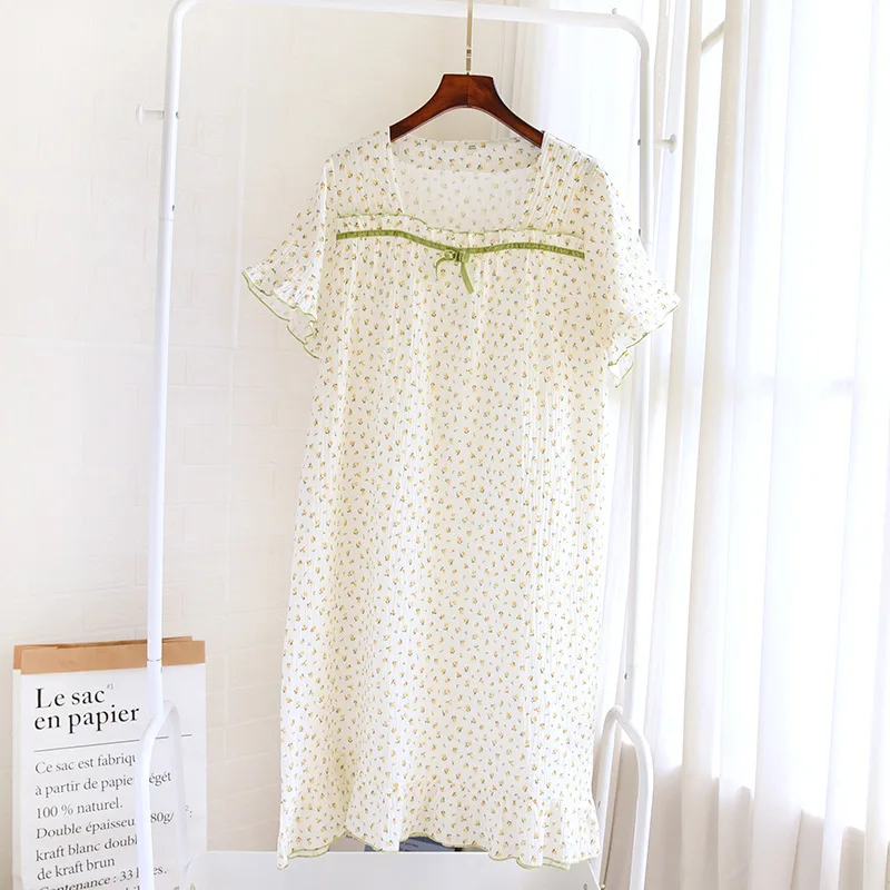 

Sweet Floral Sleep Dress Loose Women Nightgown Cotton Crepe Sleepwear Nightwear Square Neck Home Dressing Gown Lounge Robe Wear