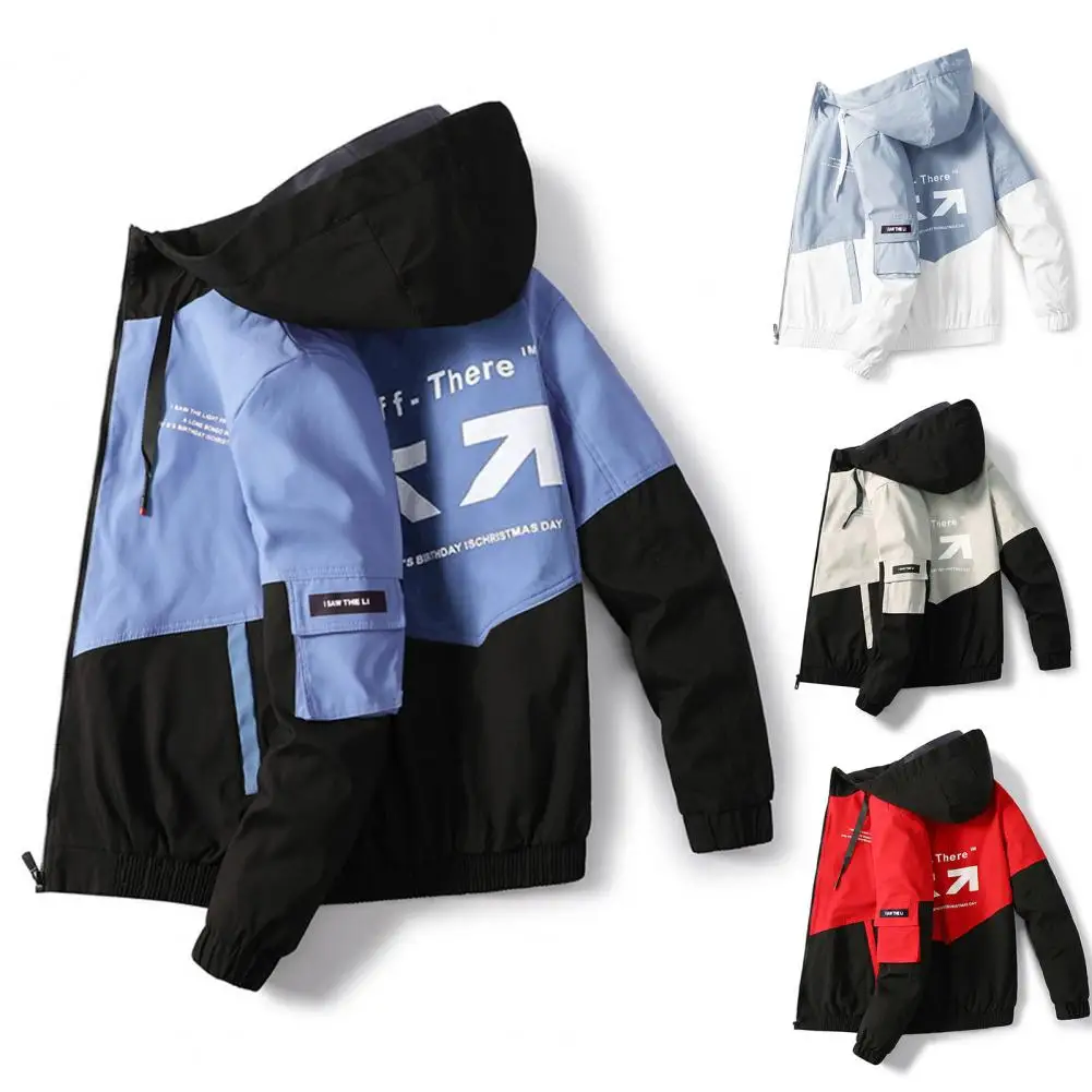 

Contrast Color Letter Print Men Coat Anti-pilling Zipper Cardigan Men Jacket Long Sleeve Zip Up Spring Coat For Daily Wear