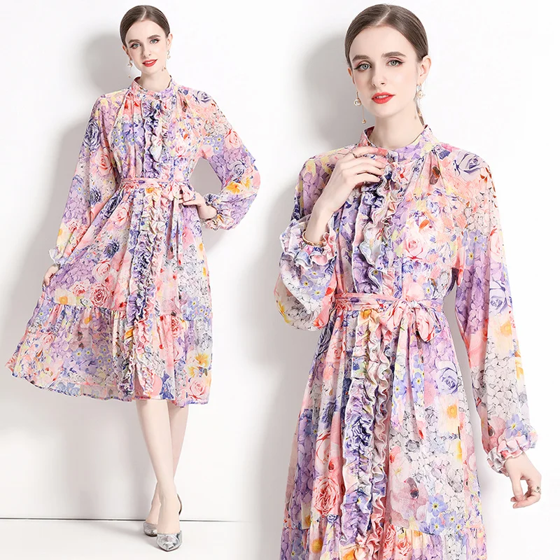 

2023 Autumn Fashion Female Floral Dress Long Sleeve Stand Collar Ruffles Patchwork Beautiful Printing Elegant Office Lady Dress