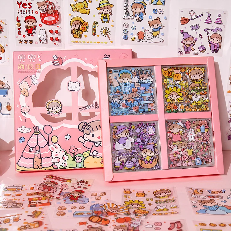 100 Sheets Kawaii Girl Animal Box Stickers Set Cute Transparent PET Self Adhesive Decorative Decals For Journaling Scrapbooking