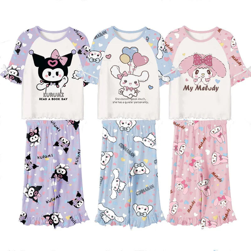 

Летняя Пижама Sanrios Kuromi My Melody Cinnamoroll в стиле аниме, милый пижамный комплект для девочек, мамы, мамы, малышей, штаны с коротким рукавом, домашняя одежда, комплект из двух предметов
