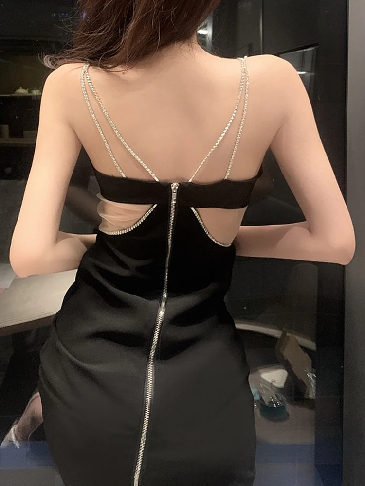 Гонконгский стиль модных дам с сочетанием двойных бриллиантовых ремешков, сексуальное платье с глубоким V-образным вырезом на спине и открытым поясом в талии, летнее длинное платье.