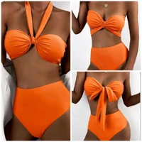 sexy high waist split bikini can be hung neck or strapless dual use bra orange sexy high waist quick drying bikini swimsuit