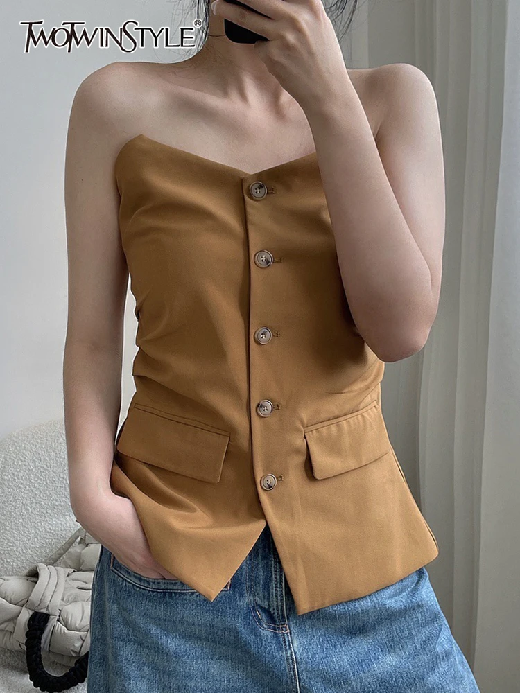 

TWOTWINSTYLE Summer Fashion Solid Vest For Women Strapless Sleeveless Single Breasted Tank Tops Female 2022 Clothing Style New