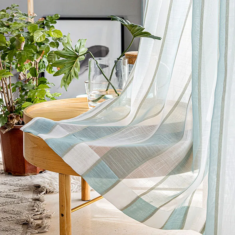 

Nordic Light Green Striped Tulle Curtain Japanese Style Cotton Linen Light Transmitting Window Screen For Living Room Bedroom #4